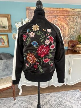 Embroidered Black Floral Bomber Jacket - Size Small